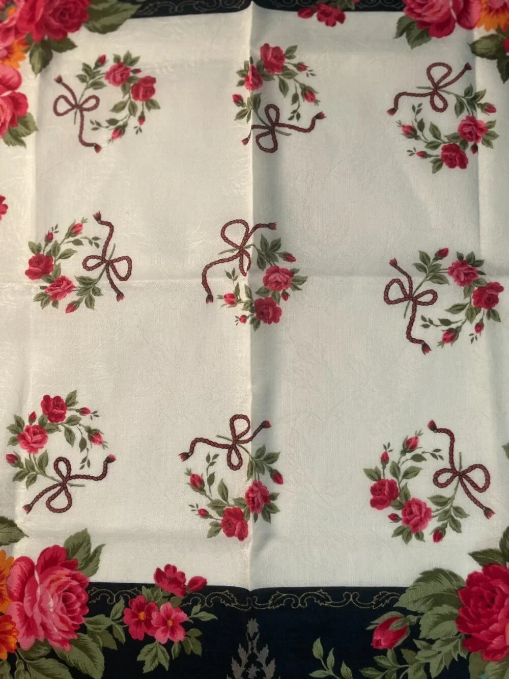 NWT Hardy Amies Vintage Floral Cotton Scarf Roses Tassel Border